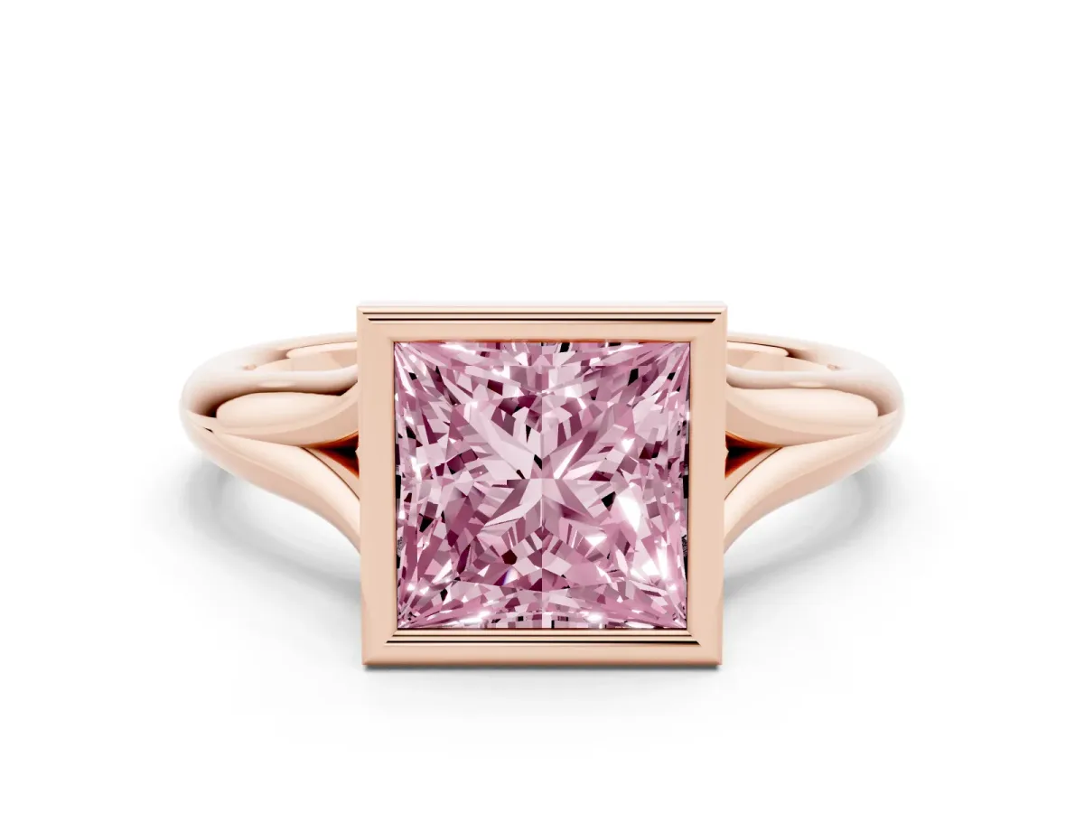 Fancy Pink Bezel Set Princess Cut Solitaire Diamond Ring with Smooth Band Rose gold