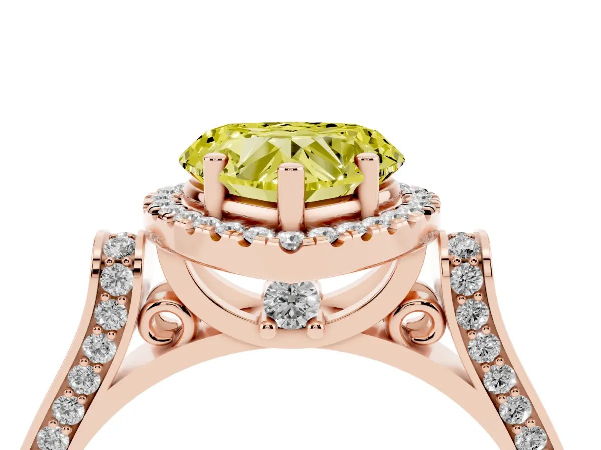 Fancy Yellow Heart Cut Halo Round Diamond Twist Band with Four-Prong Setting Rose gold