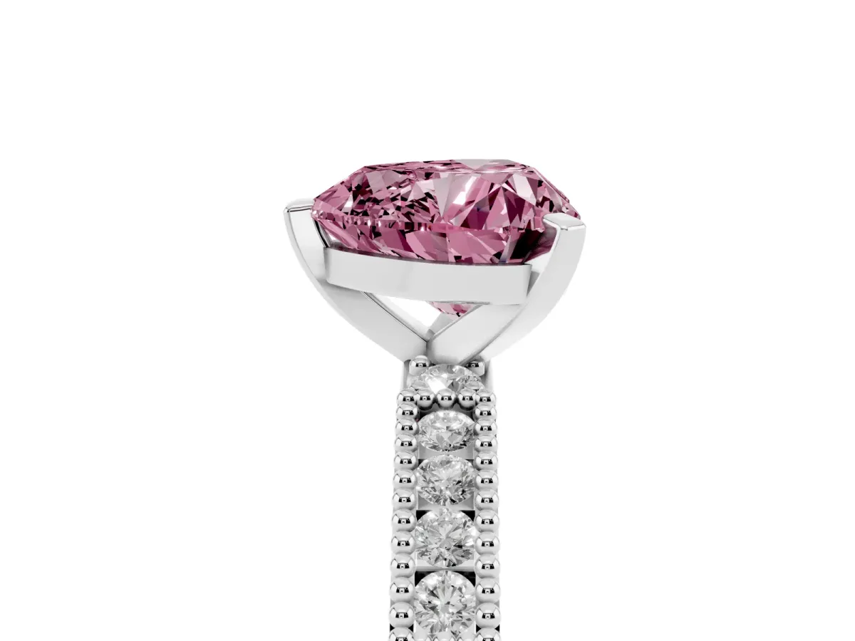 Fancy Pink Heart Cut Solitaire with Pavé Band and Four-Prong Setting Silver