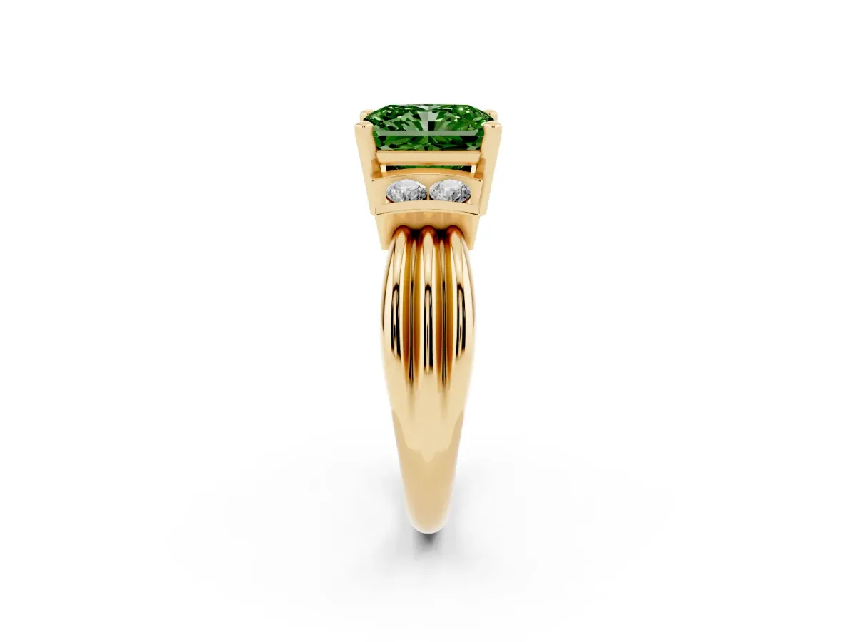 Fancy Green Radiant Cut Cut Three-Stone Channel Set Ring with Bar Prongs Yellow gold