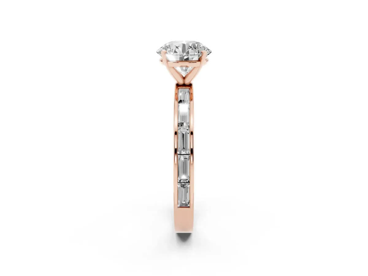 Round Cut Solitaire Diamond Ring with Channel-Set Baguette Band and Four-Prong Setting Rose gold