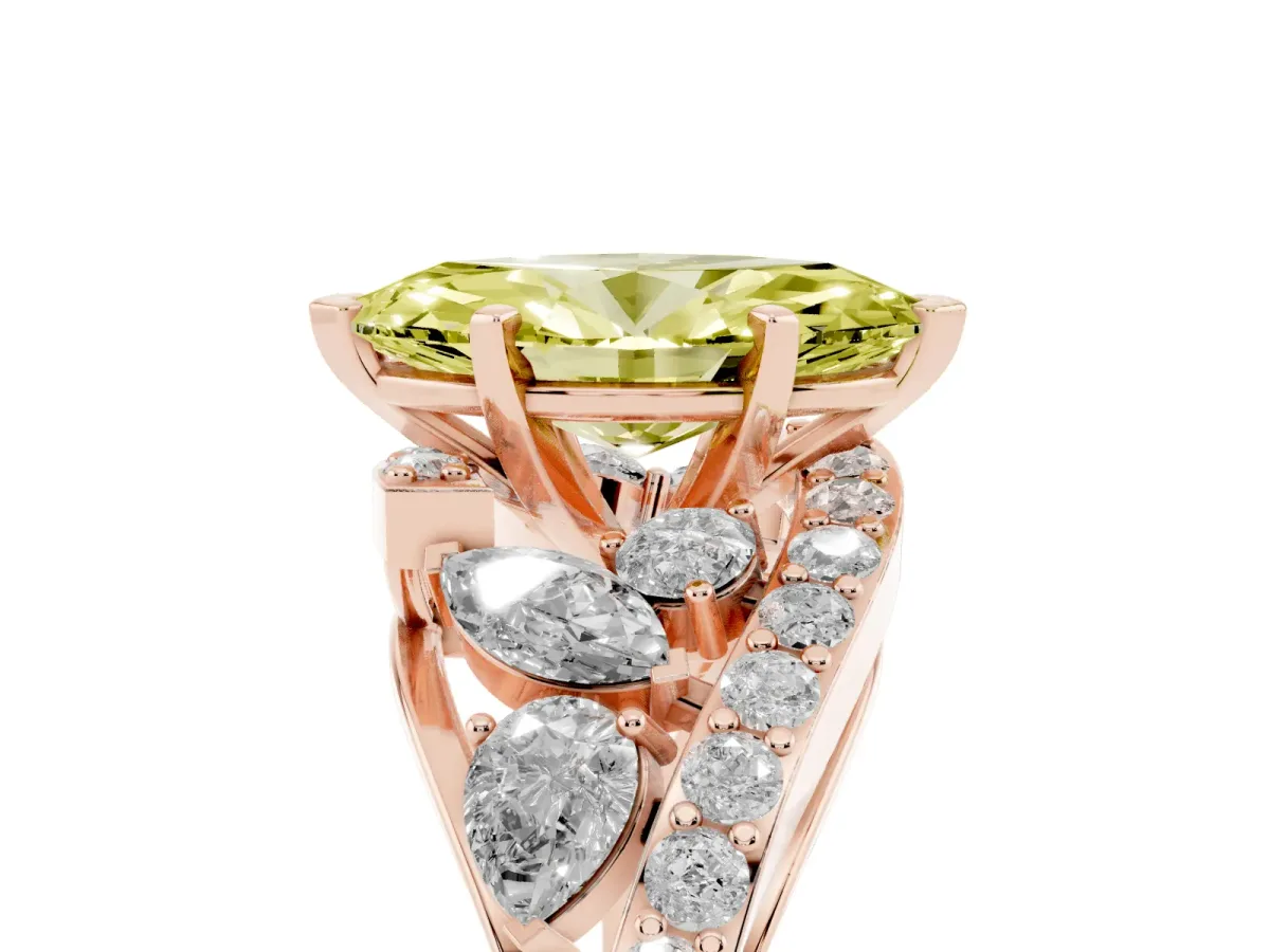 Fancy Yellow Marquise Cut Diamond Halo Ring with Marquise and Pavé Band in Prong Setting Rose gold