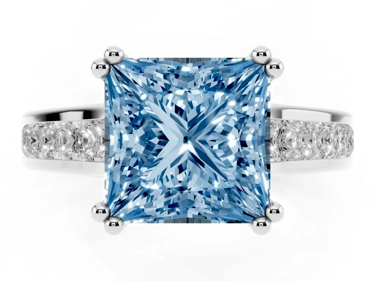 Fancy Blue Princess Cut Cut Channel Set Solitaire Engagement Ring with Prong Setting Platinum