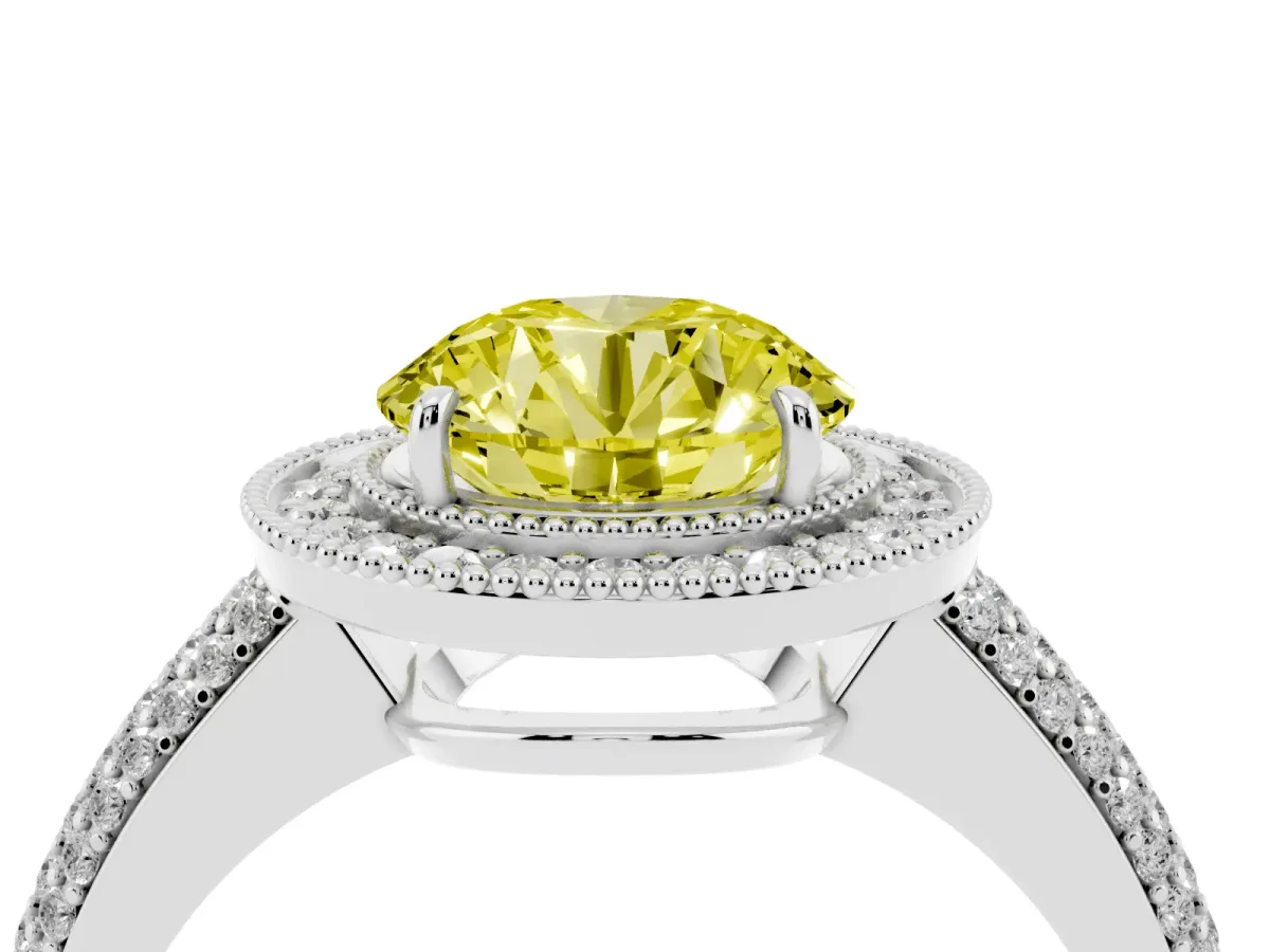 Fancy Yellow Round Cut Cut Halo Diamond Pave Band with Four-Prong Setting Silver
