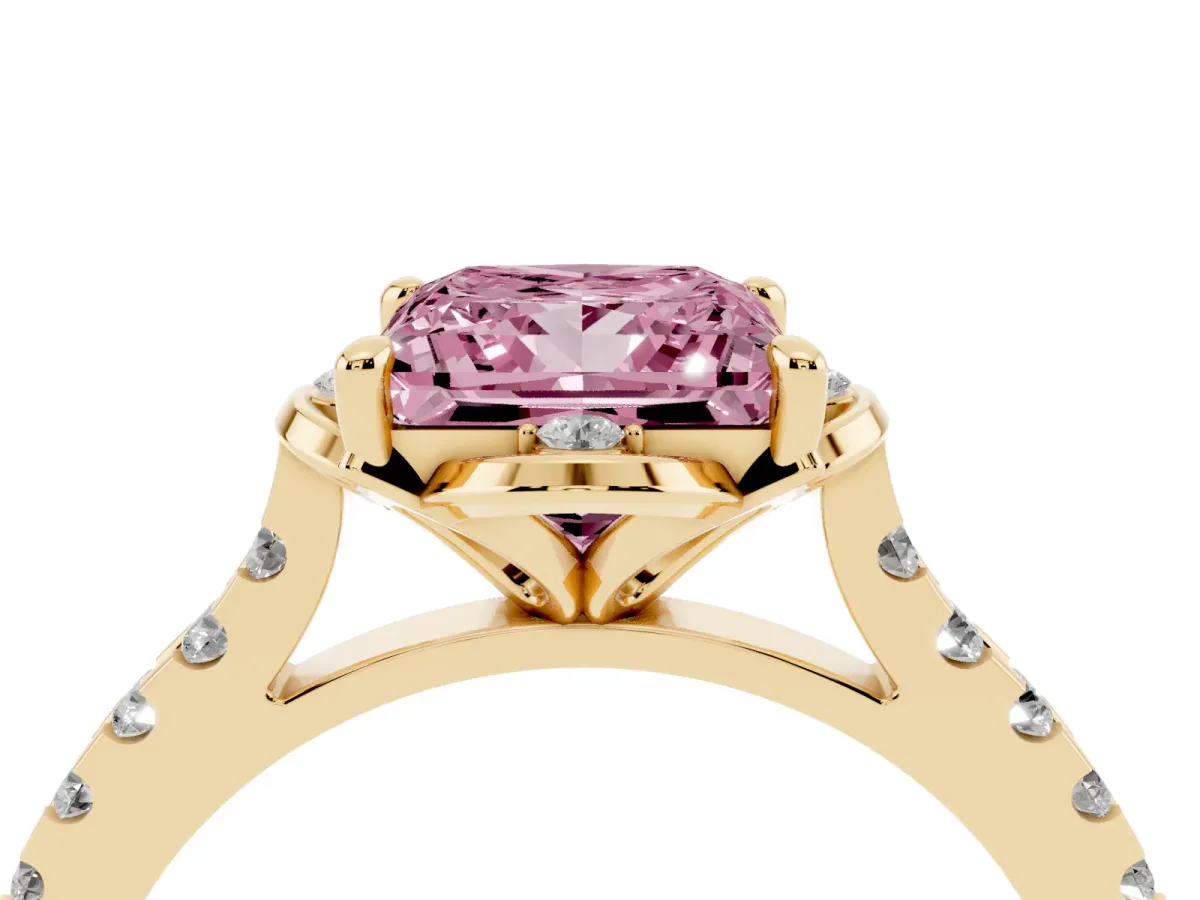 Fancy Pink Princess Cut Diamond Ring with Pavé Band and Floral Prong Setting Yellow gold