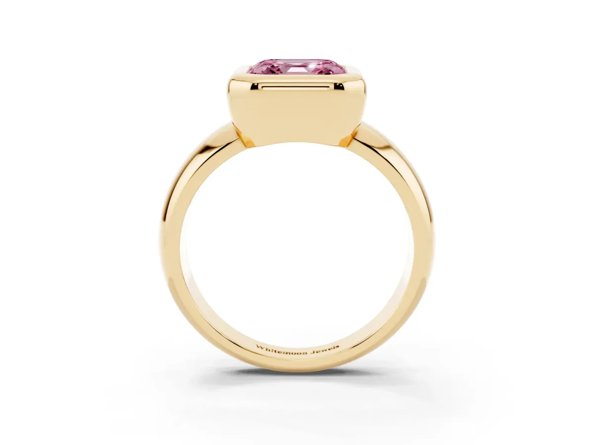 Fancy Pink Bezel Set Asscher Cut Solitaire Ring with Wide Band Yellow gold