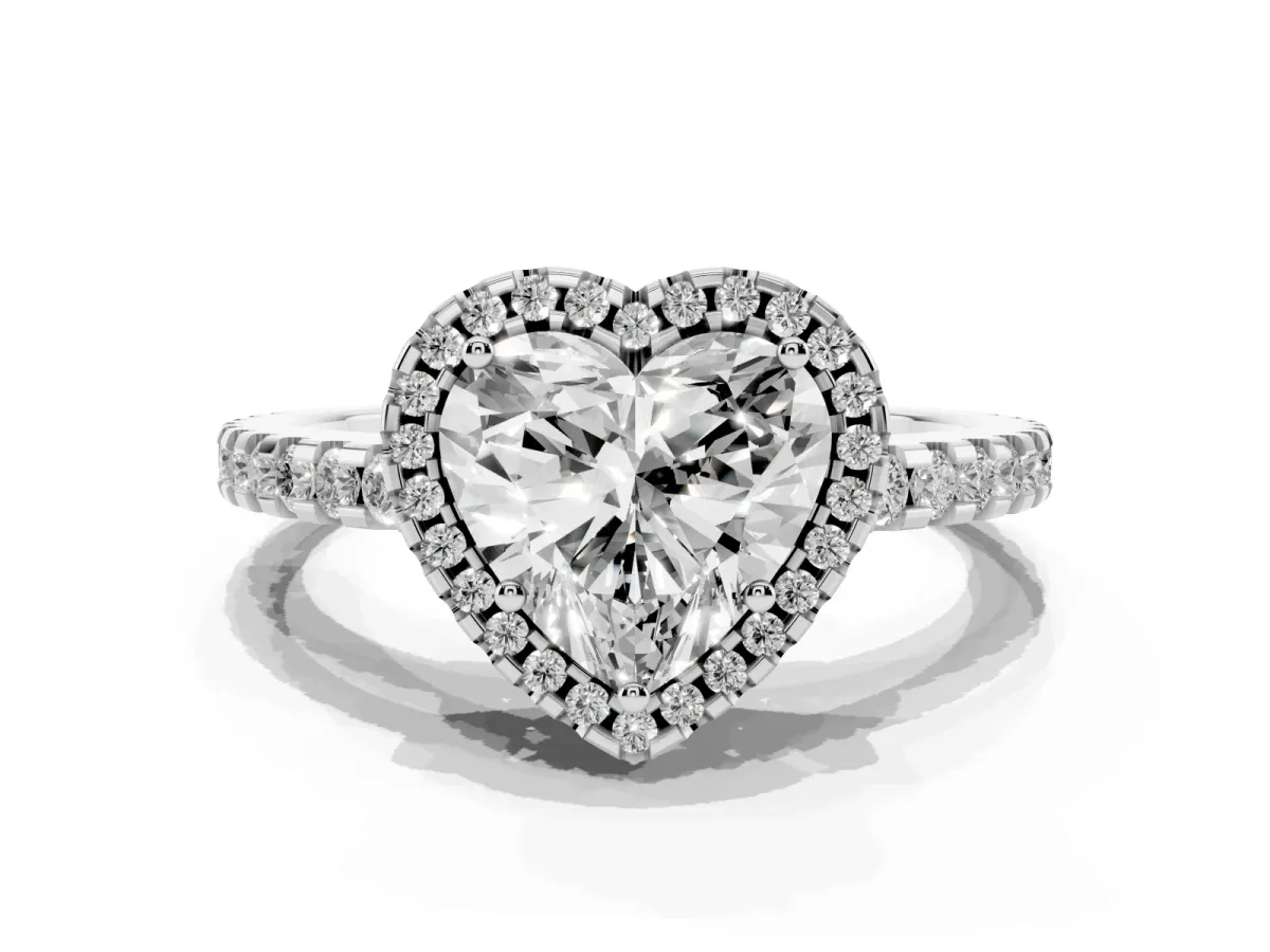 Heart Cut Diamond Halo Engagement Ring with Pavé Band and Prong Setting Platinum
