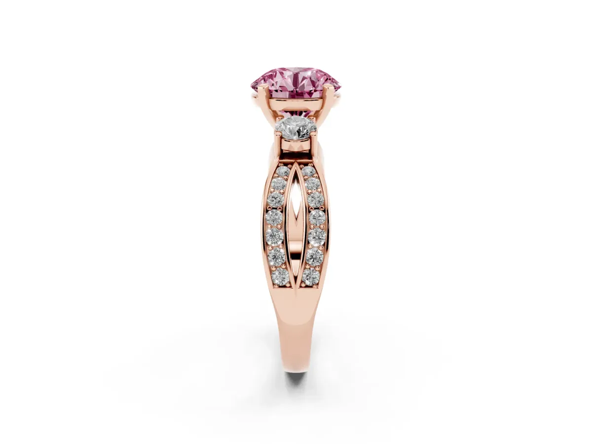 Fancy Pink Three-Stone Round Cut Cut Diamond Twist Band with Prong Setting Rose gold