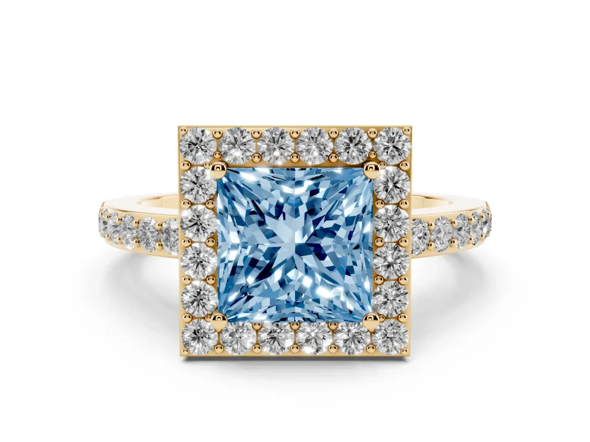 Fancy Blue Princess Cut Halo Diamond Pavé Band Ring with Prong Setting Yellow gold