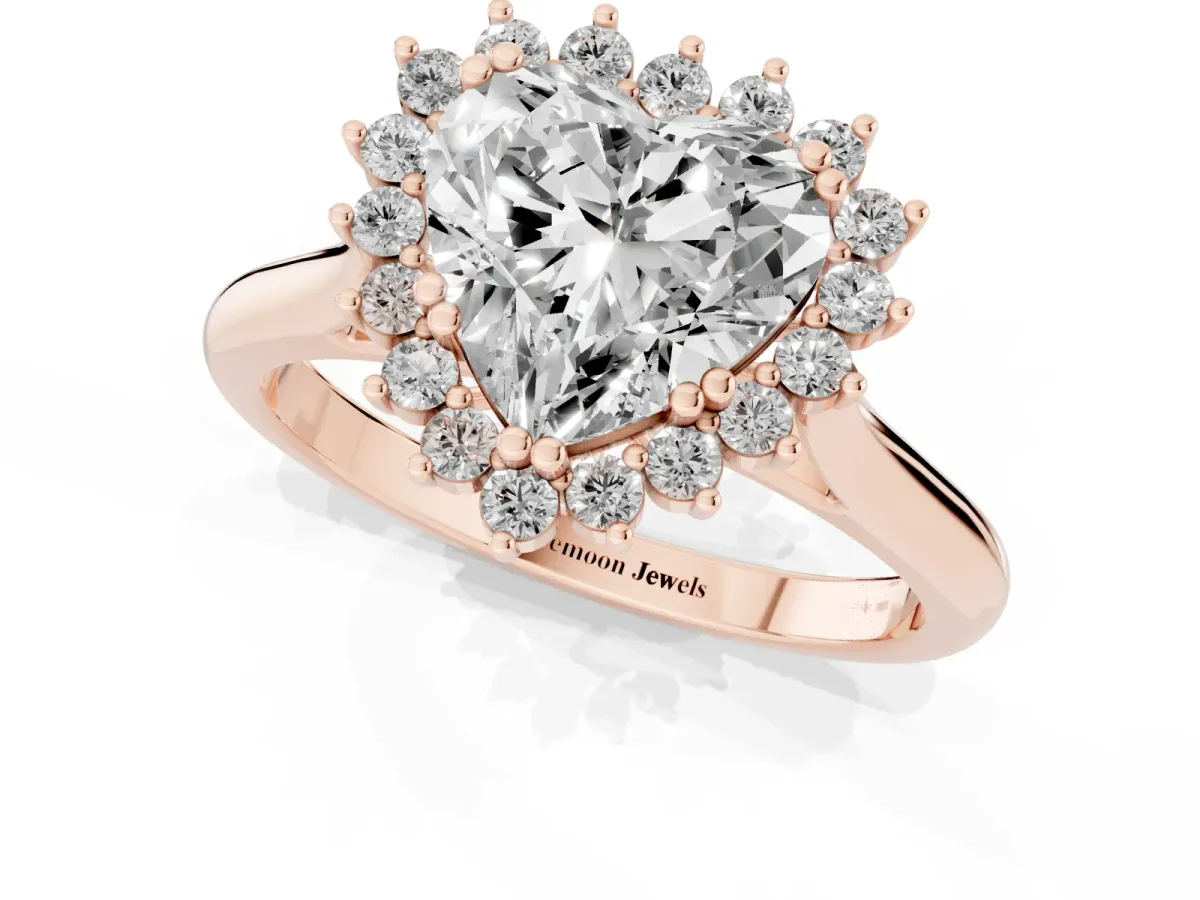 Heart Cut Cut Diamond Halo Ring with Solitaire Band and Prong Setting Rose gold