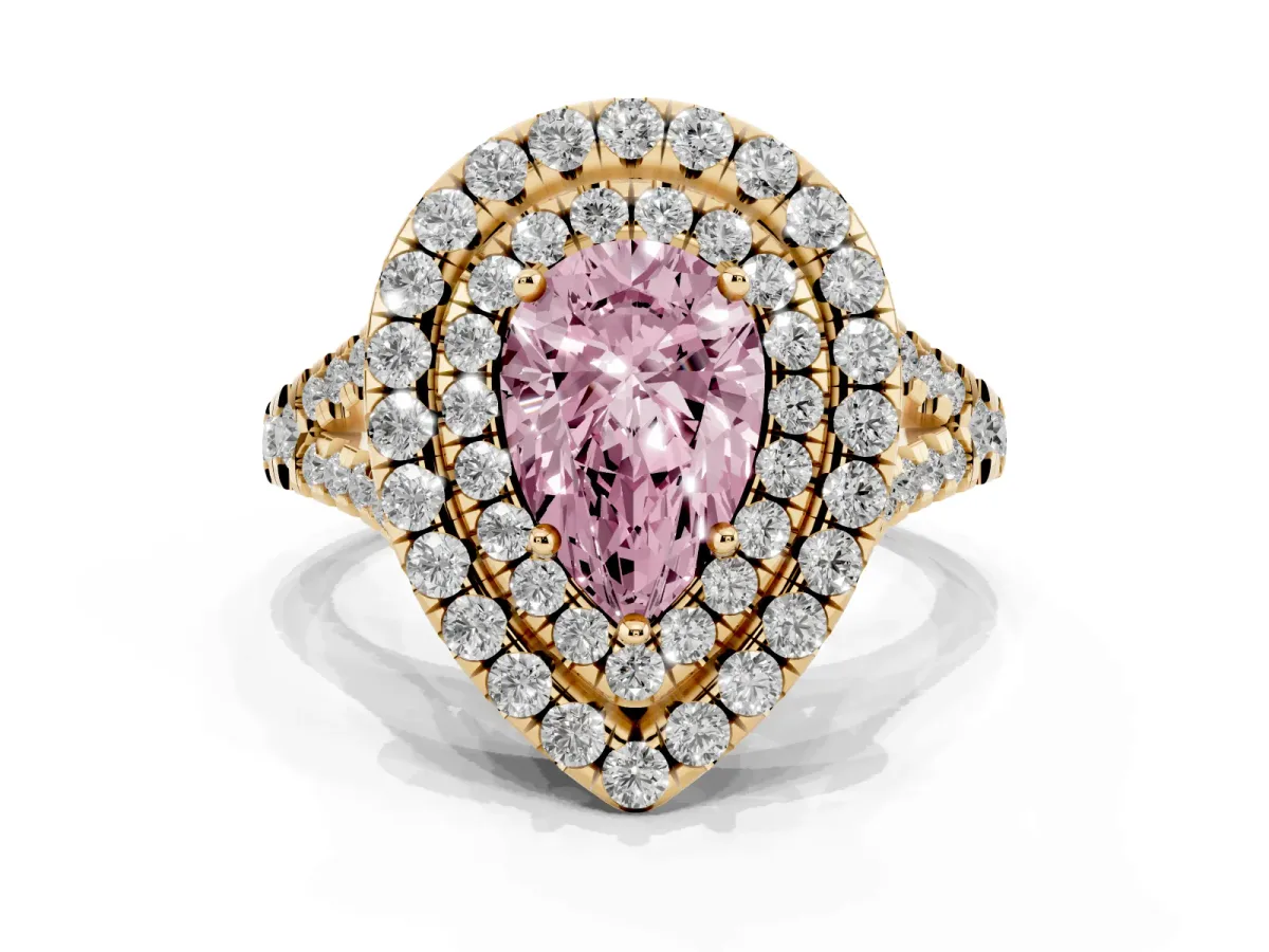 Fancy Pink Double Halo Pear Cut Diamond Pavé Split Shank Ring with Prong Setting Yellow gold
