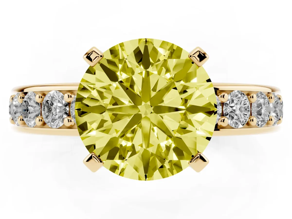 Fancy Yellow Round Cut Diamond Engagement Ring with Channel Set Round Band and Prong Setting Yellow gold