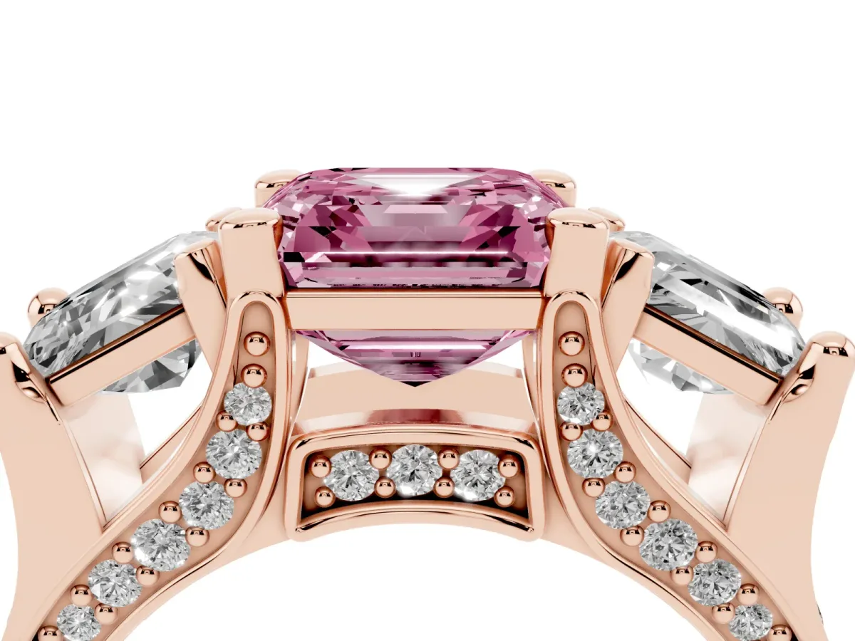 Fancy Pink Asscher Cut Diamond Three-Stone Ring with Channel Set Band and Four-Prong Setting Rose gold
