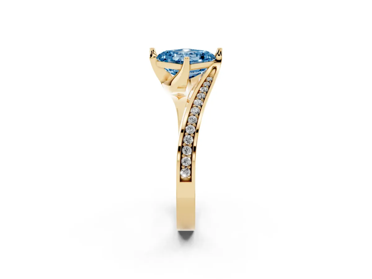 Fancy Blue Asscher Cut Solitaire Diamond Twist Band with Pavé Setting and Four-Prong Setting Yellow gold