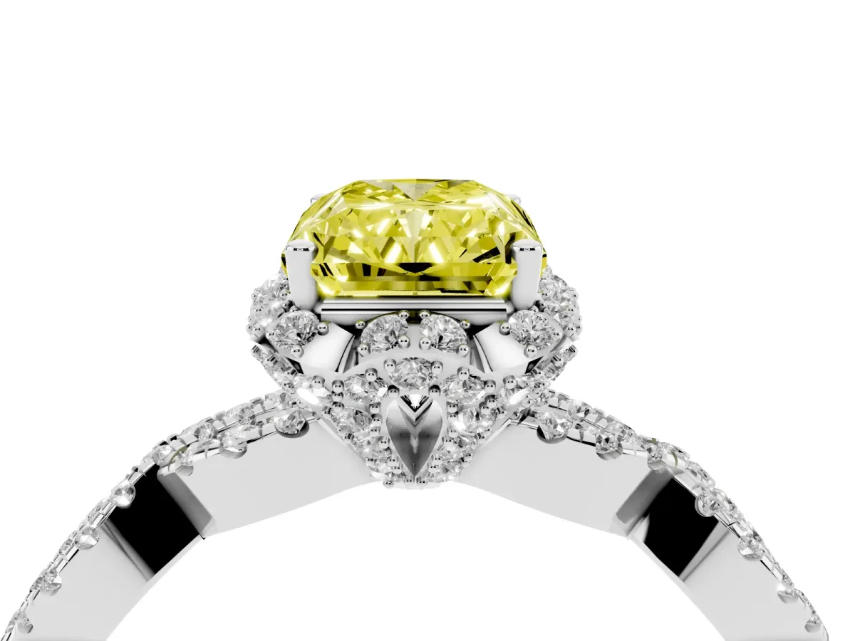 Fancy Yellow Radiant Cut Halo Twist Band Solitaire Ring with Six-Prong Setting Platinum