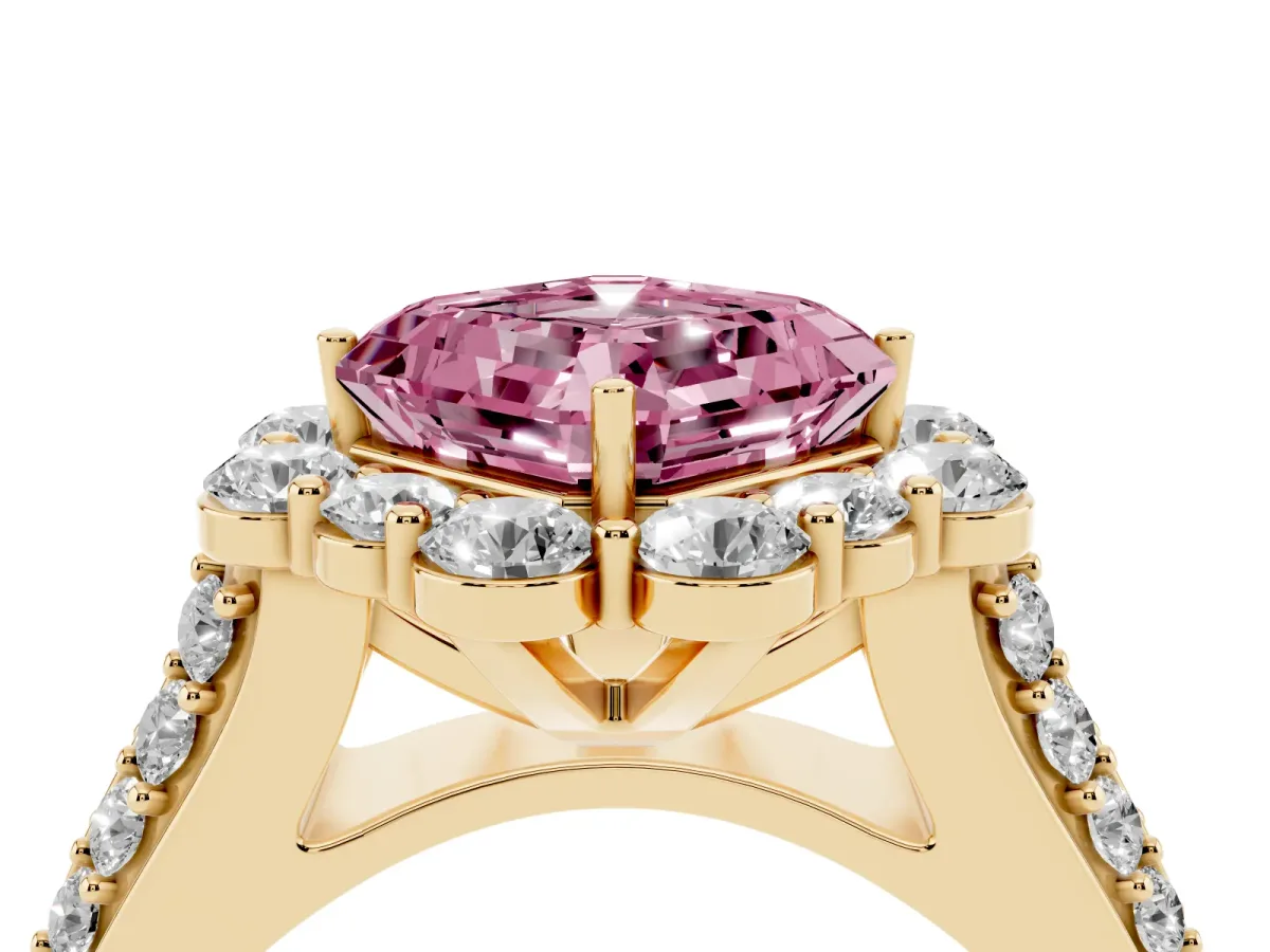 Fancy Pink Asscher Cut Halo Diamond Engagement Ring with Split Shank and Prong Setting Yellow gold
