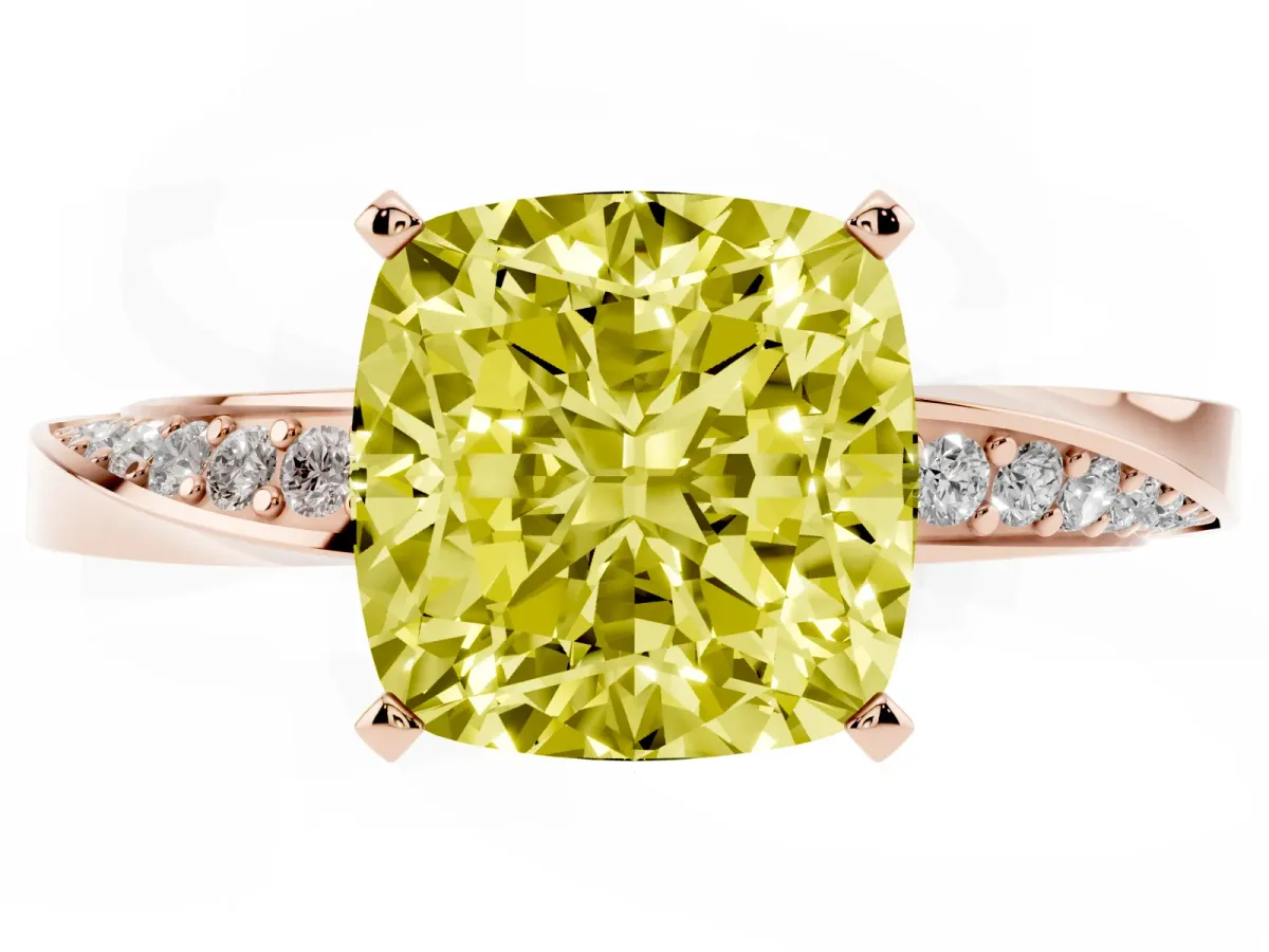 Fancy Yellow Cushion Cut Diamond Engagement Ring with Side Stone Accents and Four-Prong Setting Rose gold