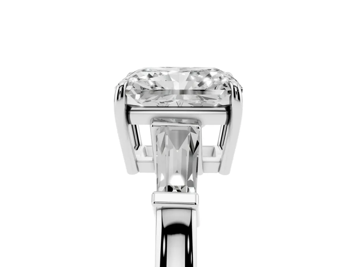 Radiant Cut Diamond Three-Stone Ring with Tapered Baguette Side Stones and Prong Setting White gold