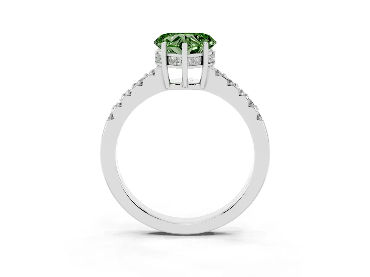 Fancy Green Heart Cut Solitaire Diamond Engagement Ring with Pavé Band and Six-Prong Setting White gold