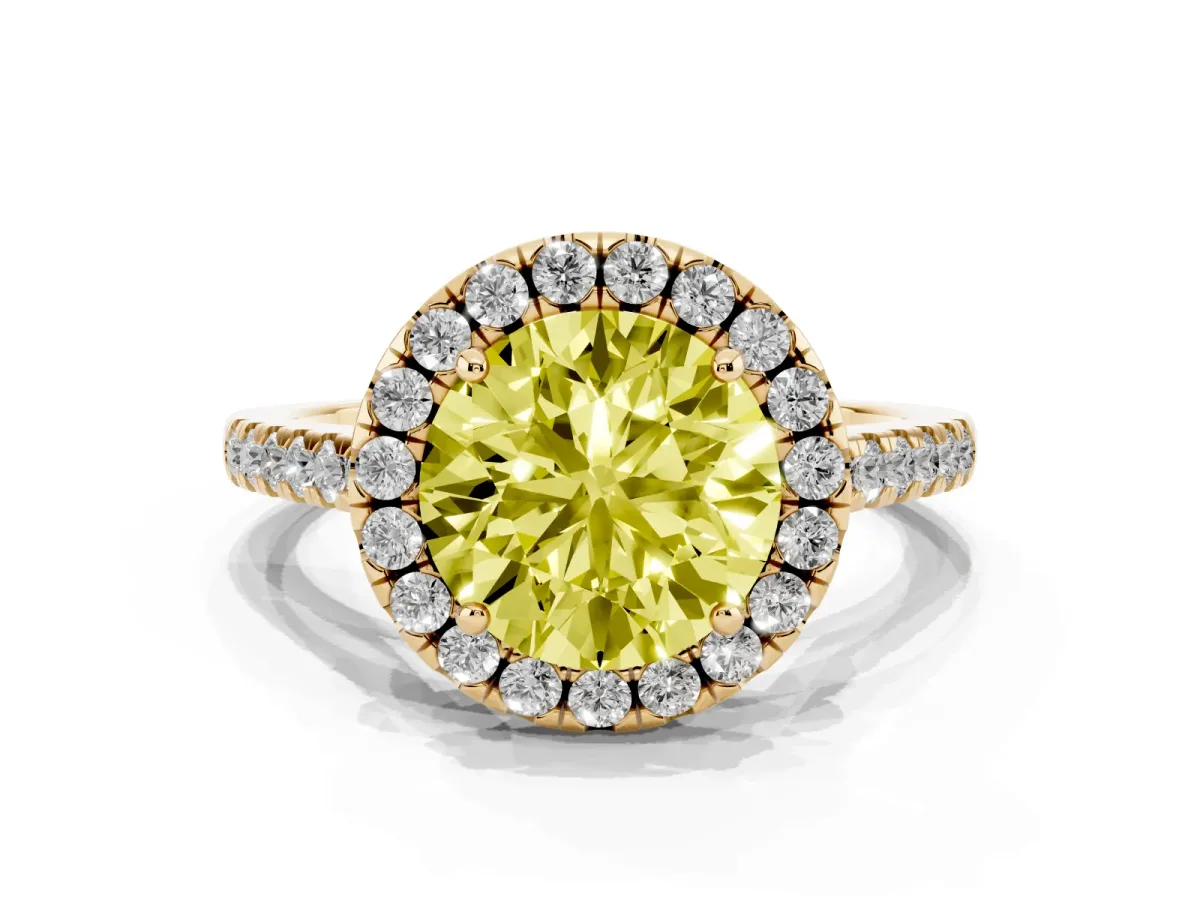 Fancy Yellow Round Cut Halo Pavé Diamond Engagement Ring with Four-Prong Setting Yellow gold