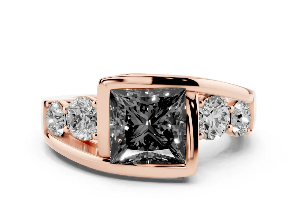 Fancy Black Bezel Set Princess Cut Diamond Bypass Ring with Round Accents Rose gold