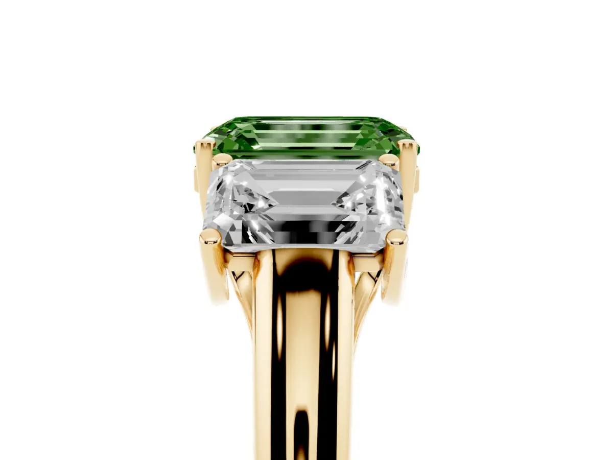 Fancy Green Three-Stone Emerald Cut Diamond Engagement Ring with Prong Setting Yellow gold