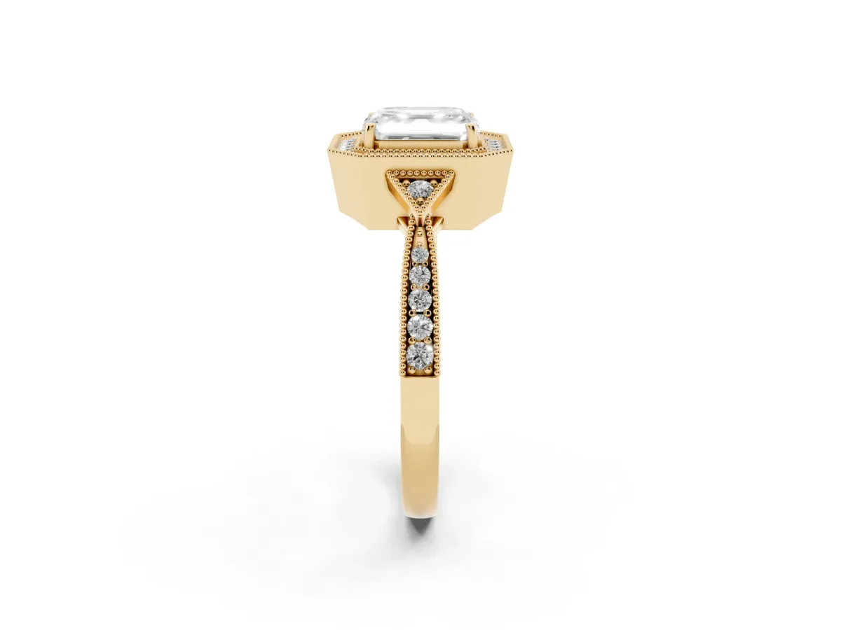 Asscher Cut Halo Round Diamond Milgrain Pave Engagement Ring Yellow gold