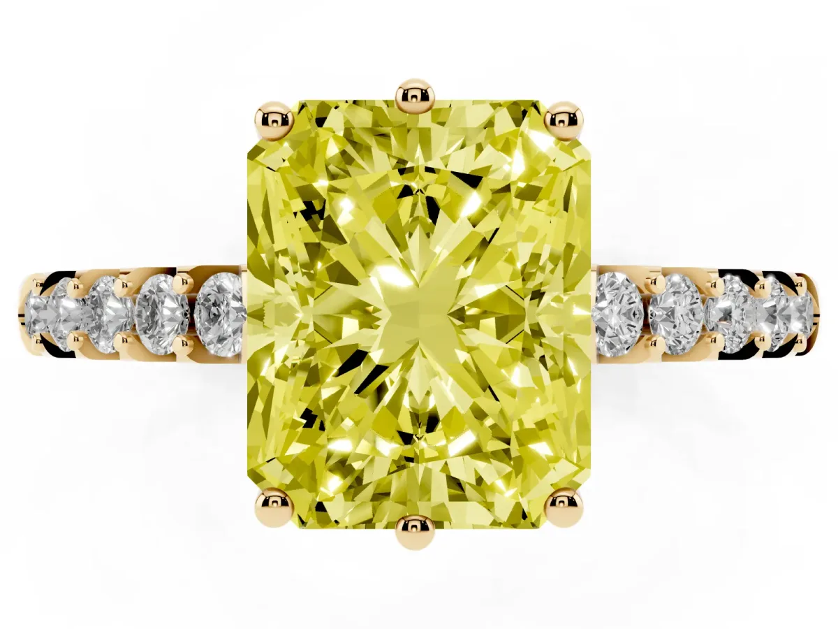 Fancy Yellow Radiant Cut Solitaire Diamond Engagement Ring with Pavé Band and Six-Prong Setting Yellow gold