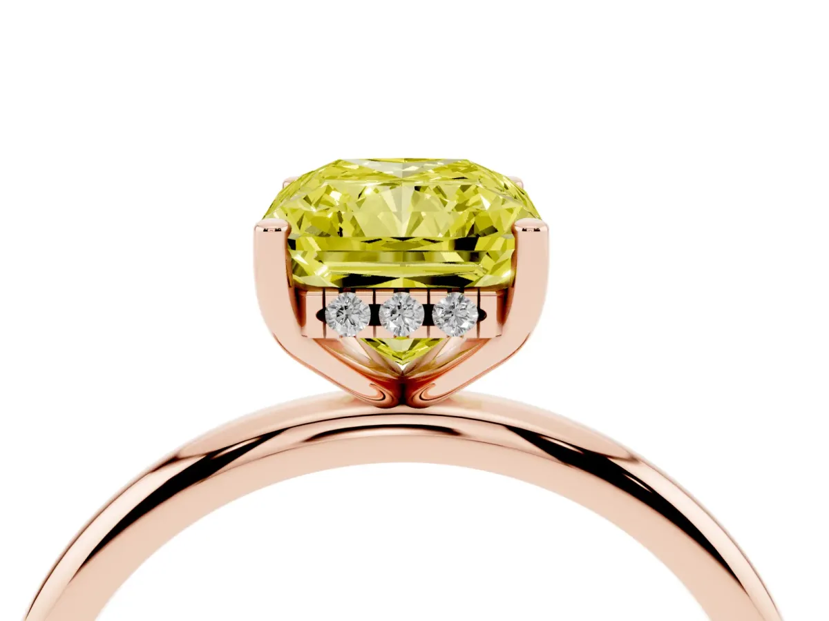 Fancy Yellow Radiant Cut Cut Solitaire Engagement Ring with Four-Prong Setting and Classic Band Rose gold