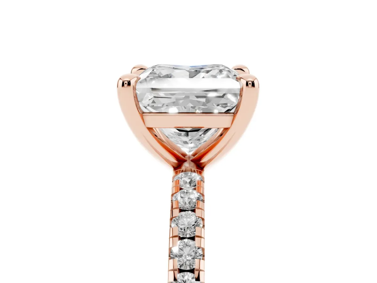 Princess Cut Diamond Brilliant Solitaire Ring with Pavé Band and Four-Prong Setting Rose gold