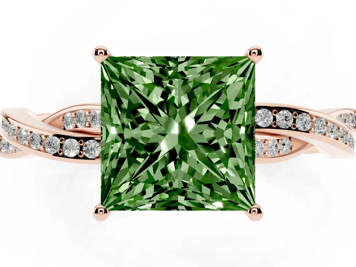 Fancy Green Princess Cut Solitaire Twisted Pave Diamond Ring with Four-Prong Setting Rose gold