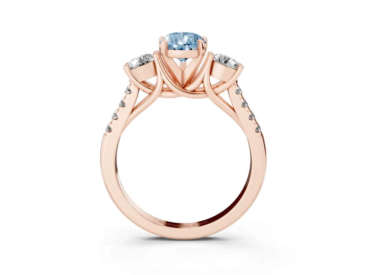 Fancy Blue Three-Stone Pear Cut Diamond Pavé Band with Four-Prong Setting Rose gold