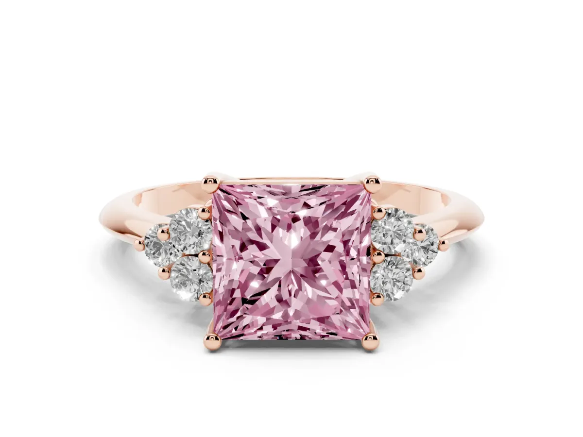 Fancy Pink Princess Cut Cut Diamond Cluster Ring with Solitaire Band and Four-Prong Setting Rose gold