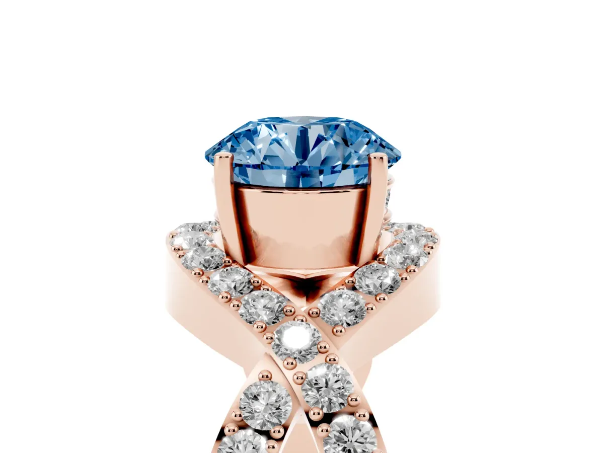 Fancy Blue Round Cut Solitaire Twist Band Pavé Diamond Engagement Ring Rose gold
