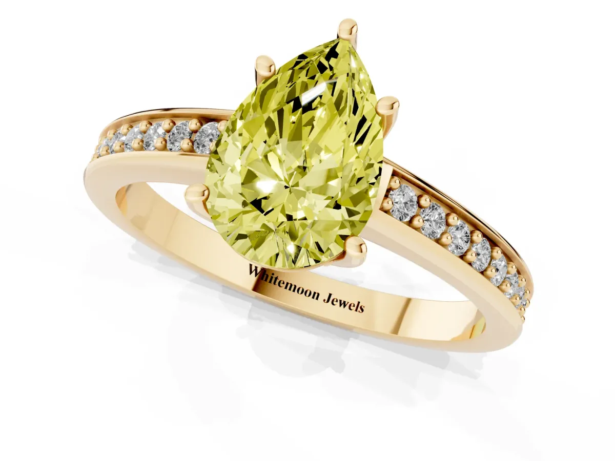 Fancy Yellow Pear Cut Solitaire Pavé Band Prong Setting Ring Yellow gold