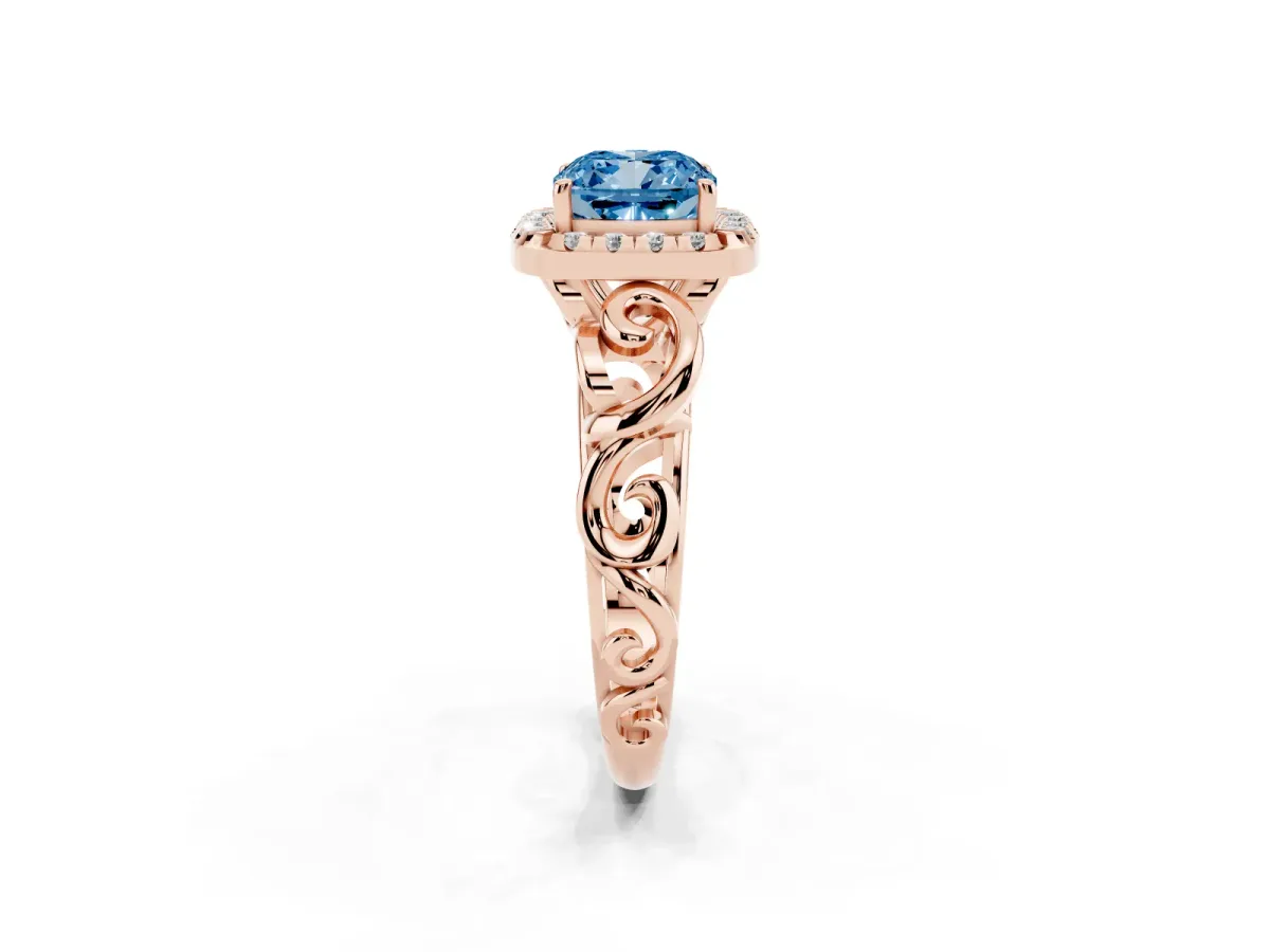Fancy Blue Cushion Cut Cut Halo Diamond Ring with Scrollwork Band and Four-Prong Setting Rose gold