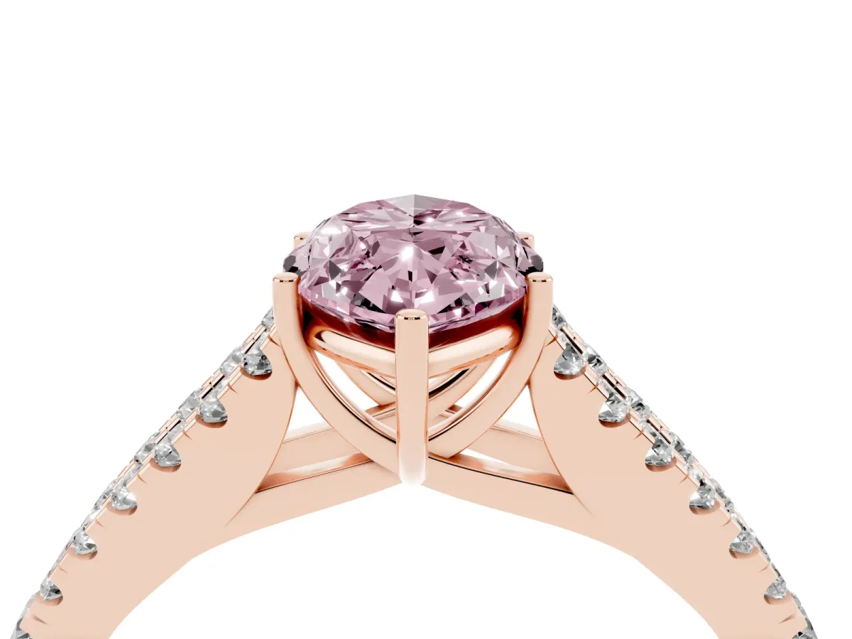Fancy Pink Marquise Cut Diamond Split Shank Engagement Ring with Round Pavé and Prong Setting Rose gold