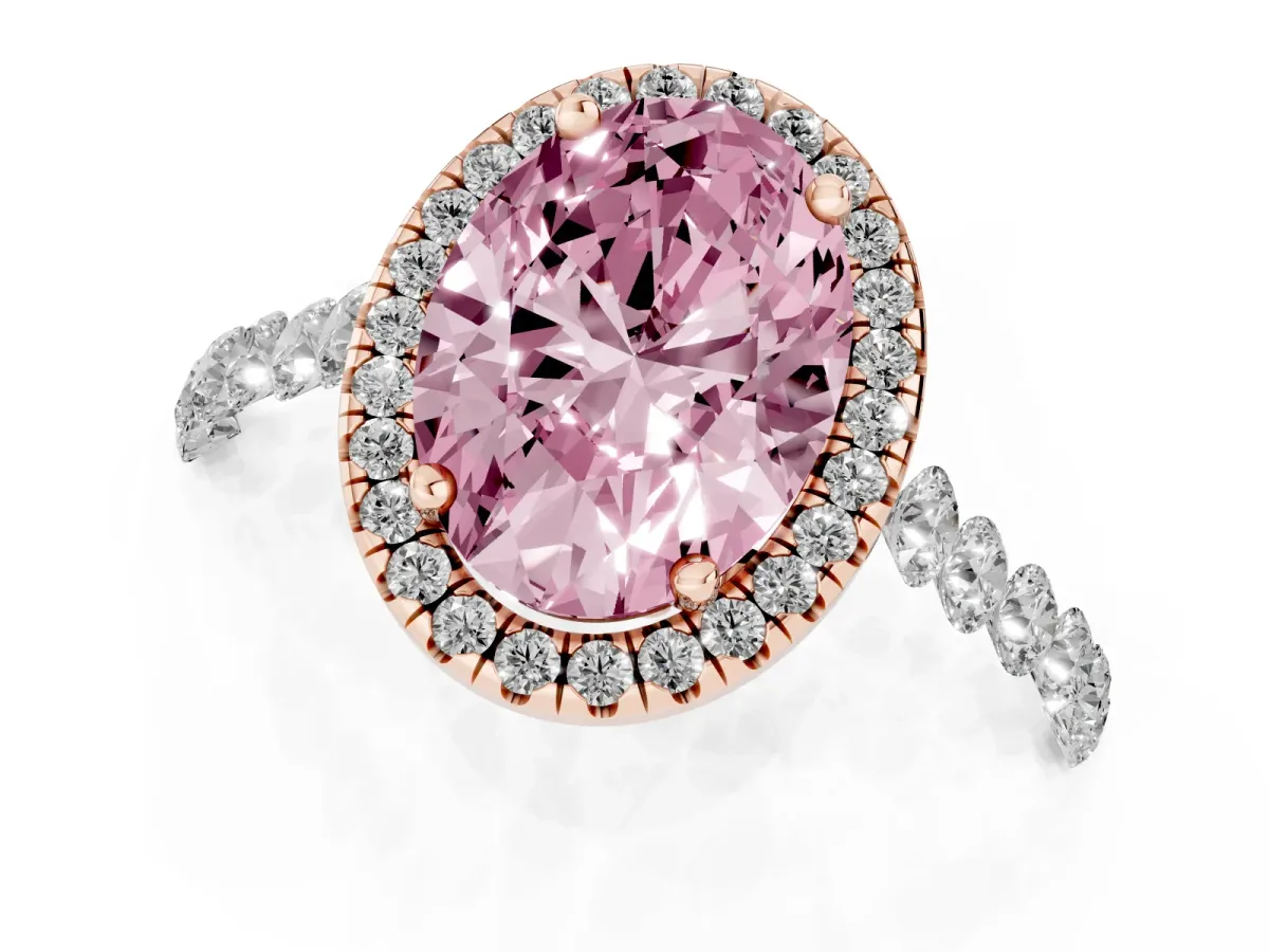 Fancy Pink Oval Cut Halo Pavé Diamond Engagement Ring with Four-Prong Setting Rose gold