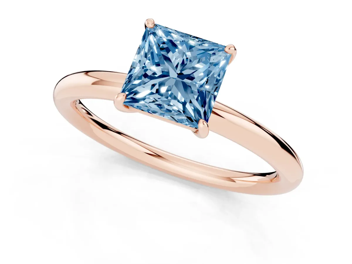 Fancy Blue Princess Cut Solitaire Diamond Ring with Four-Prong Setting on a Plain Band Rose gold