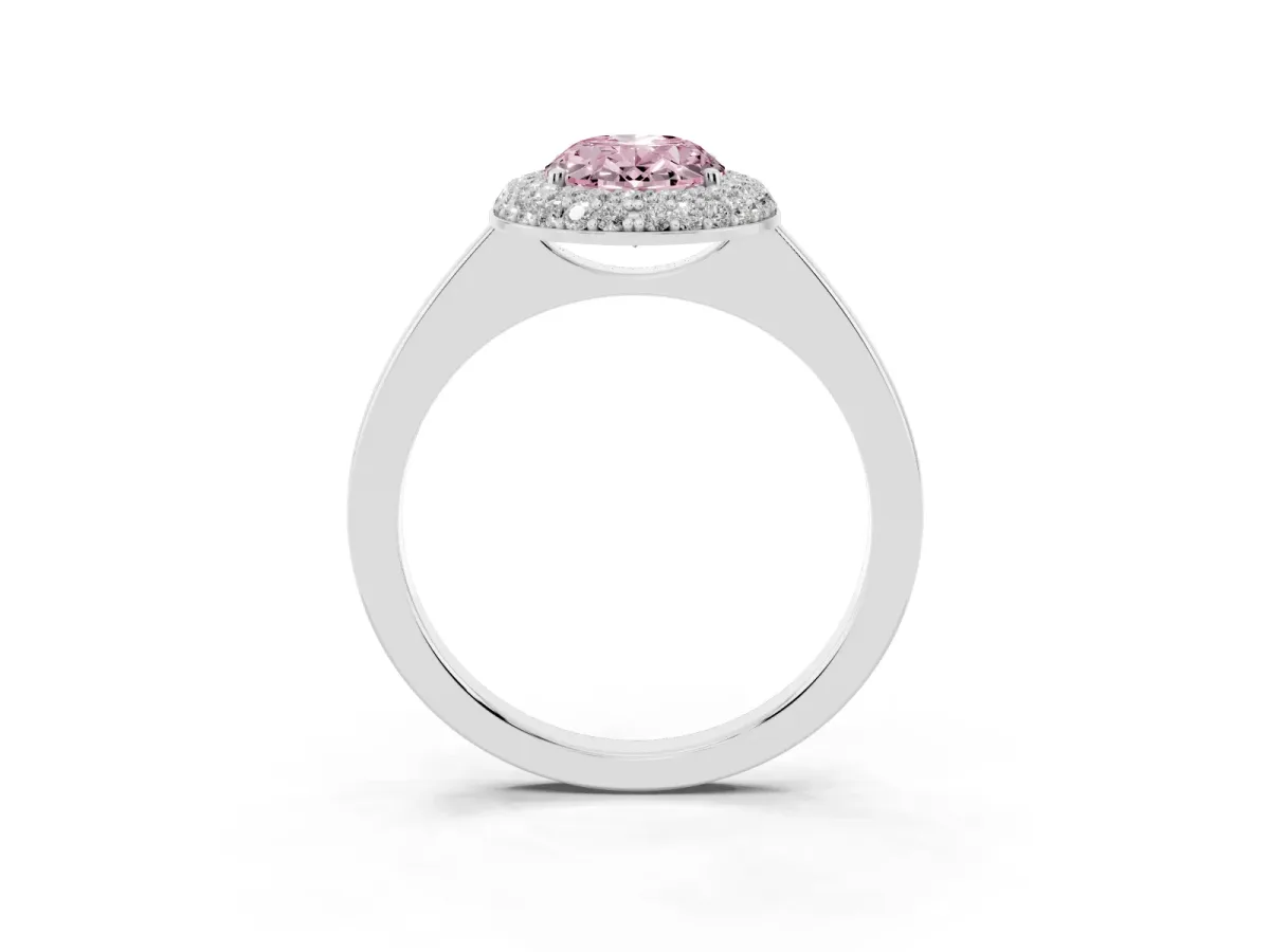 Fancy Pink Oval Cut Halo Diamond Engagement Ring with Solitaire Band and Four-Prong Setting Platinum