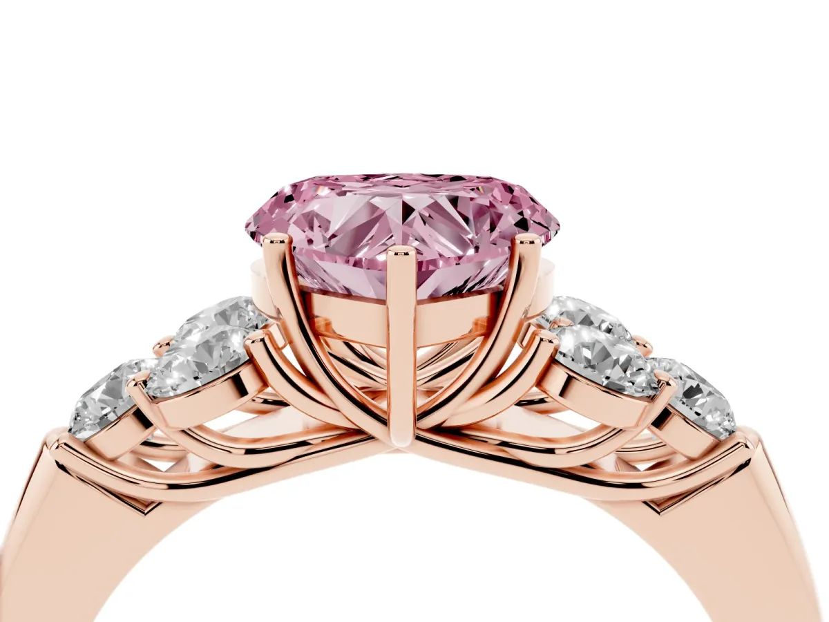 Fancy Pink Heart Cut Cut Diamond Cluster Ring with Round Accent Stones and Prong Setting on a Classic Band Rose gold