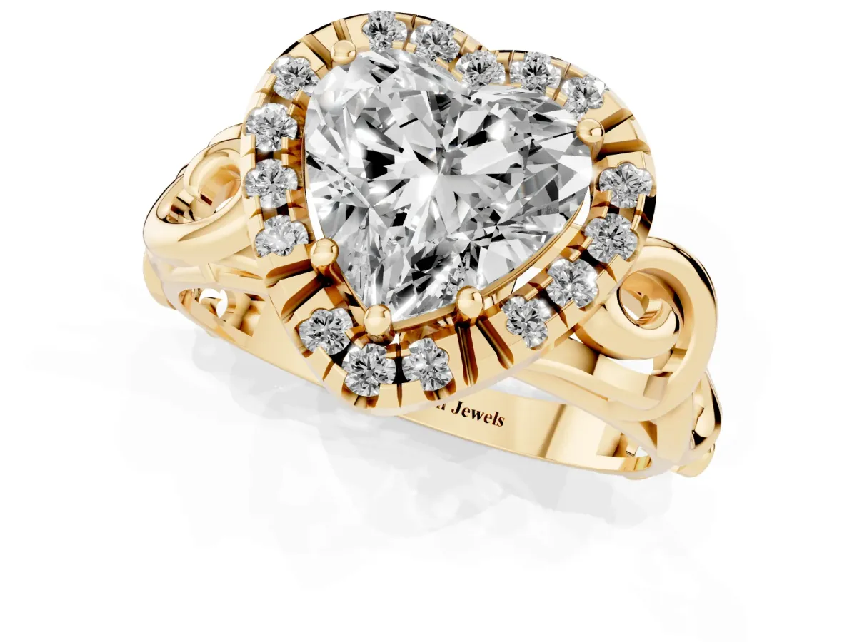 Heart Cut Cut Halo Diamond Ring with Scrollwork Band and Four-Prong Setting Yellow gold