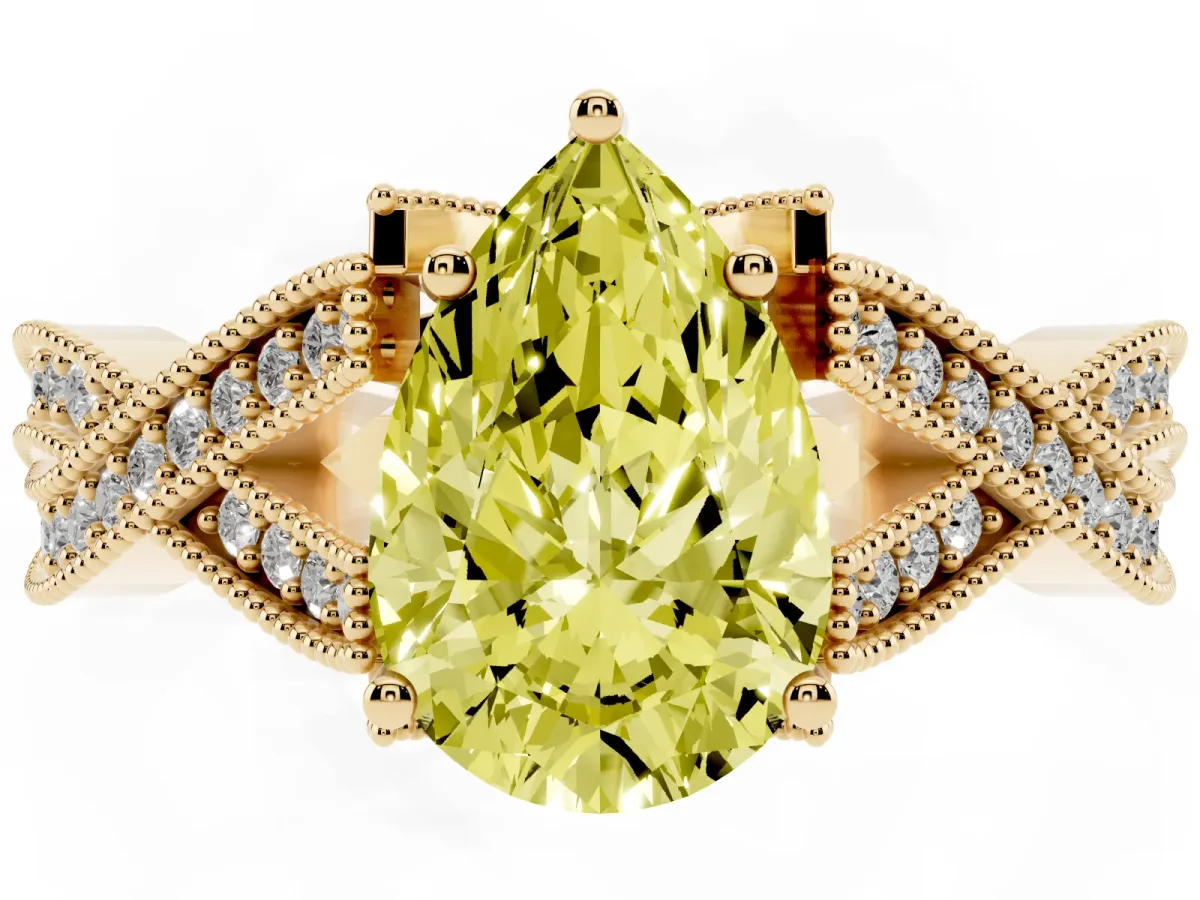 Fancy Yellow Pear Cut Cut Diamond Twisted Band with Milgrain Pave Setting and Four-Prong Setting Yellow gold