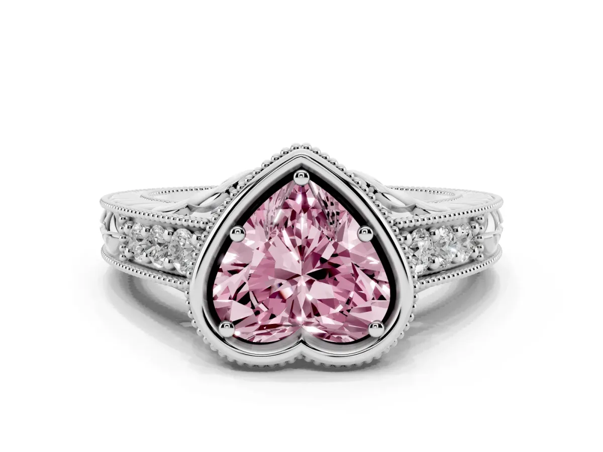Fancy Pink Bezel Set Heart Cut Diamond Milgrain Pave Engagement Ring Silver