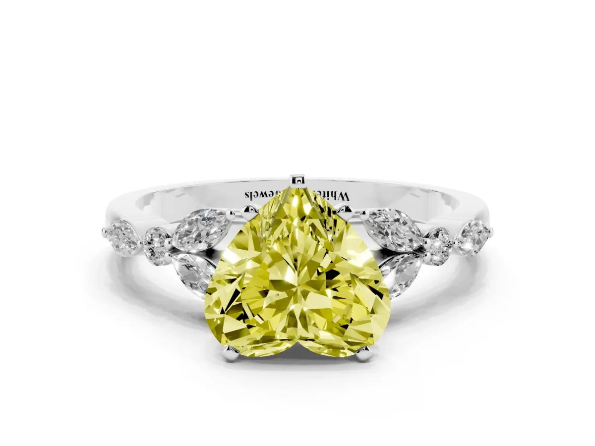 Fancy Yellow Heart Cut Diamond Solitaire Ring with Side Stones and Four-Prong Setting Platinum
