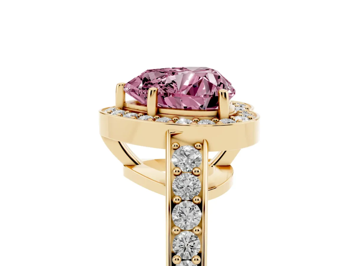Fancy Pink Heart Cut Halo Pavé Diamond Engagement Ring with Bezel Setting Yellow gold