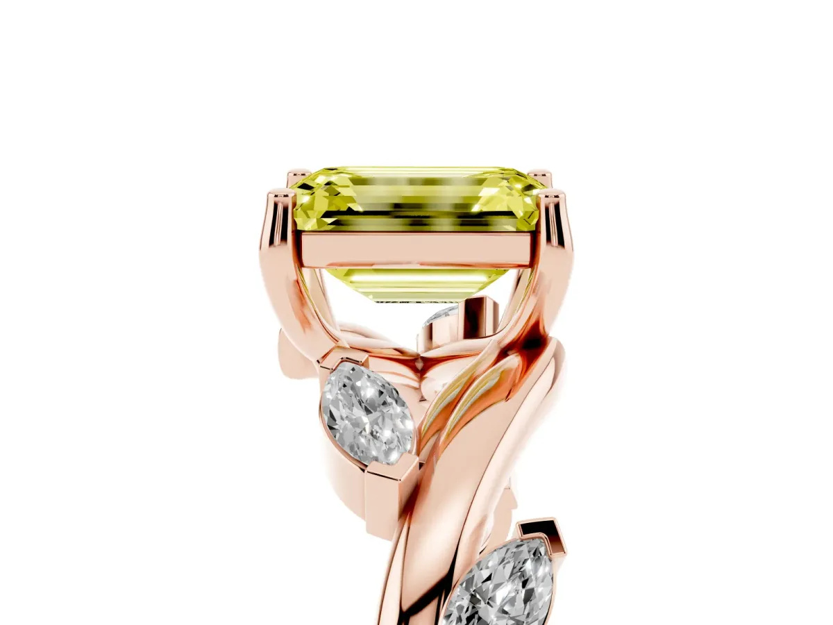 Fancy Yellow Emerald Cut Solitaire Twisted Band Marquise Accent Prong Setting Ring Rose gold