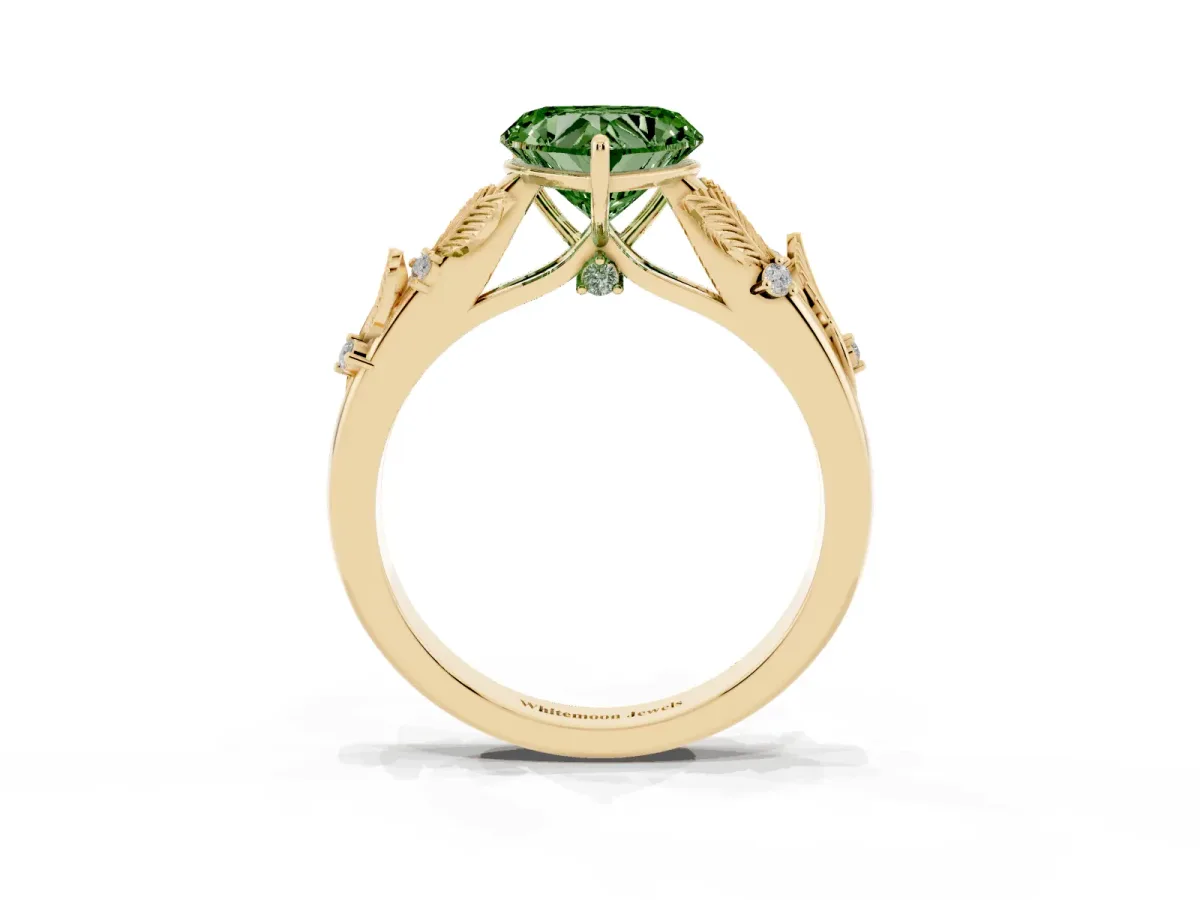 Fancy Green Heart Cut Diamond Solitaire Ring with Leaf Motif Band and Four-Prong Setting Yellow gold
