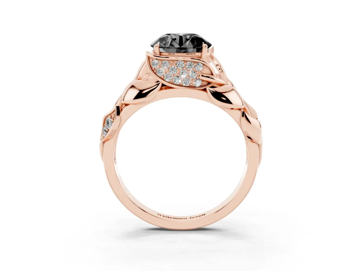 Fancy Black Round Cut Diamond Leaf-Inspired Engagement Ring with Round Accents and Prong Setting Rose gold