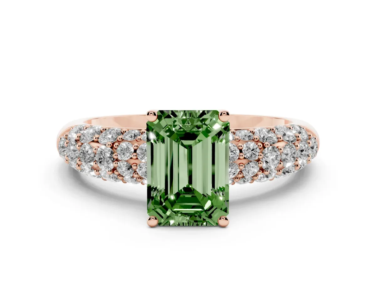 Fancy Green Emerald Cut Diamond Pavé Band Solitaire Ring with Four-Prong Setting Rose gold